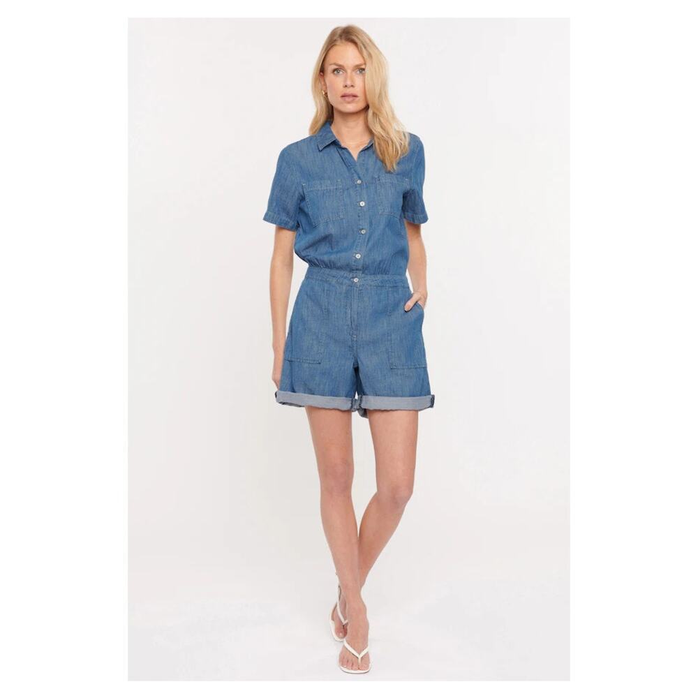 NYDJ Relaxed Denim Romper Horizon Base Blue Womens X-Large XL Jumpsuit Button Up
